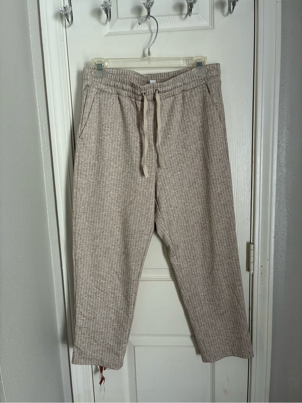 LOFT Neutral Stripped Drawstring pants in Light Beige